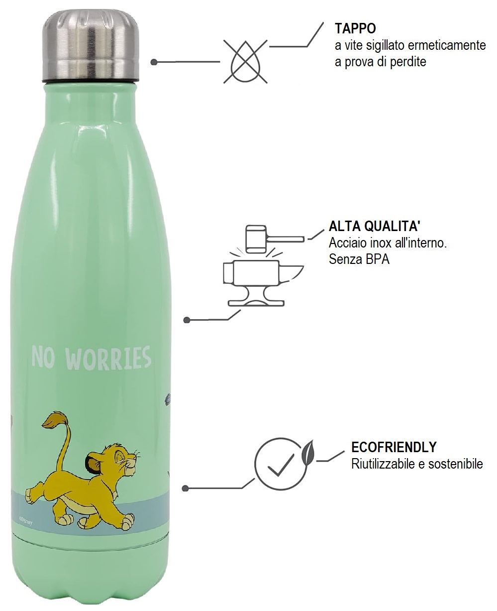 Borraccia Simba Re Leone in Acciaio Inox DISNEY Bottiglia con Tappo a Vite 780 Ml. - 17061