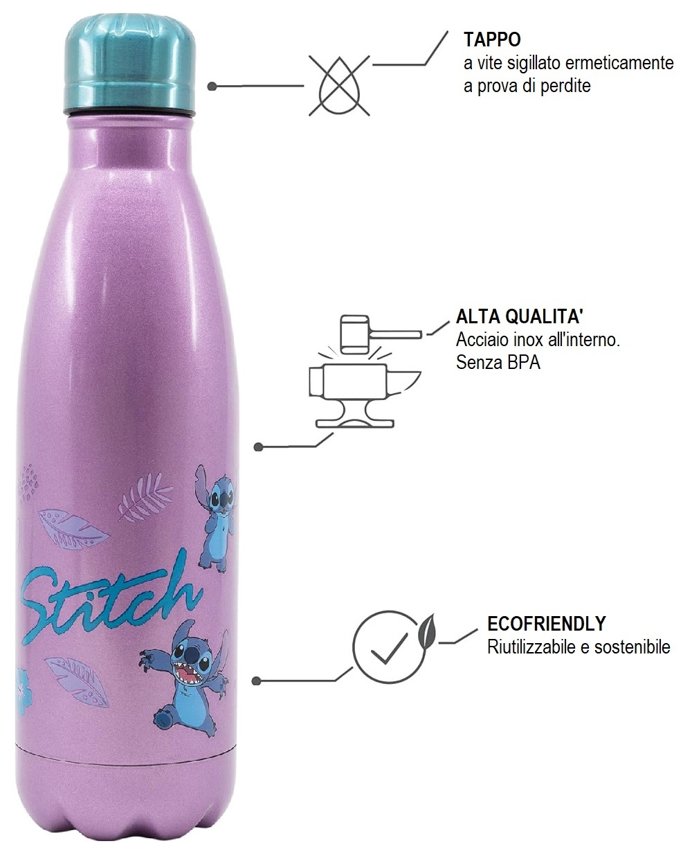 Borraccia Stitch in Acciaio Inox DISNEY Bottiglia con Tappo a Vite 780 Ml. - 01361