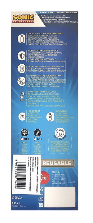 Borraccia Termica Sonic the Hedgedog in Acciaio Inox Bottiglia 515 Ml con Tappo a Vite  - 00491