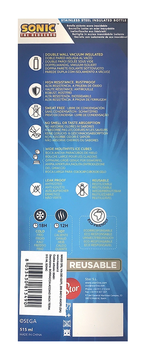 Borraccia Termica Sonic the Hedgedog in Acciaio Inox Bottiglia 515 Ml con Tappo a Vite  - 00491