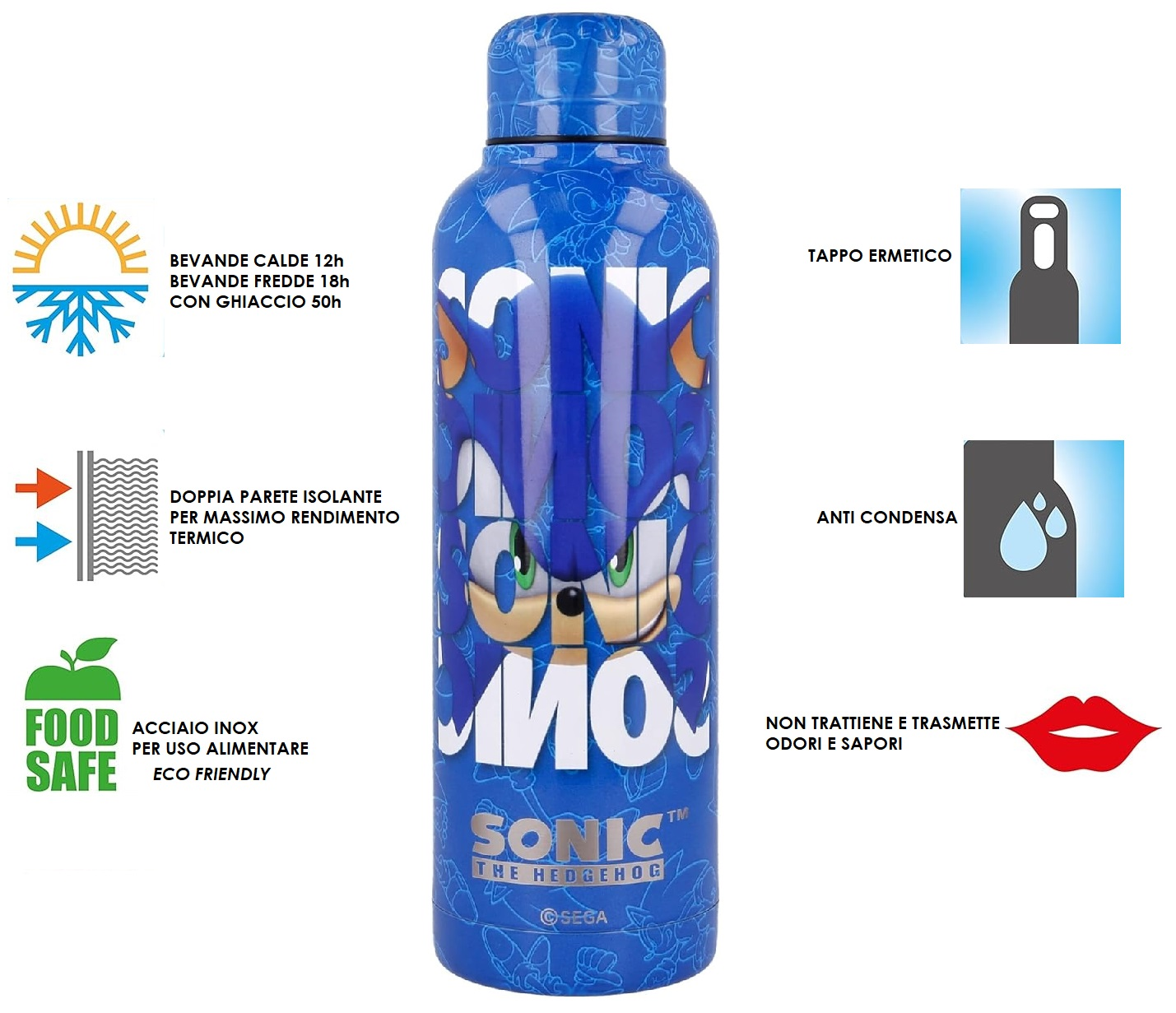Borraccia Termica Sonic the Hedgedog in Acciaio Inox Bottiglia 515 Ml con Tappo a Vite  - 00491