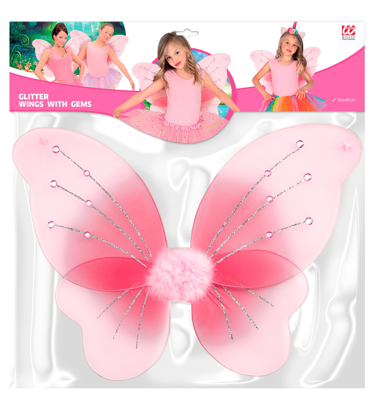 Ali Rosa con Gemme 50 X 40 CM Accessori Travestimento Costume Carnevale - 8673p