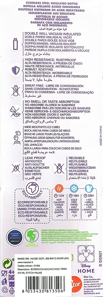 Borraccia Termica Stitch in Acciaio Inox Doppia Parete DISNEY Bottiglia 515 Ml con Tappo a Vite  - 01364
