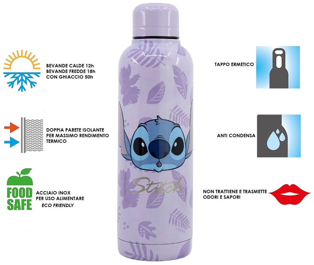 Borraccia Termica Stitch in Acciaio Inox Doppia Parete DISNEY Bottiglia 515 Ml con Tappo a Vite  - 01364