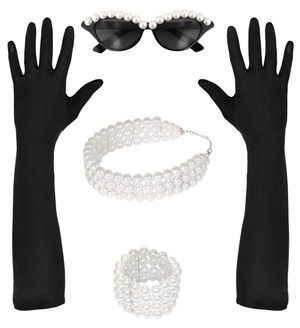Set Travestimento Colazione da Tiffany 4 Pezzi Occhiali Guanti Girocollo Bracciale Festa Carnevale a Tema Anni '50 - 00119