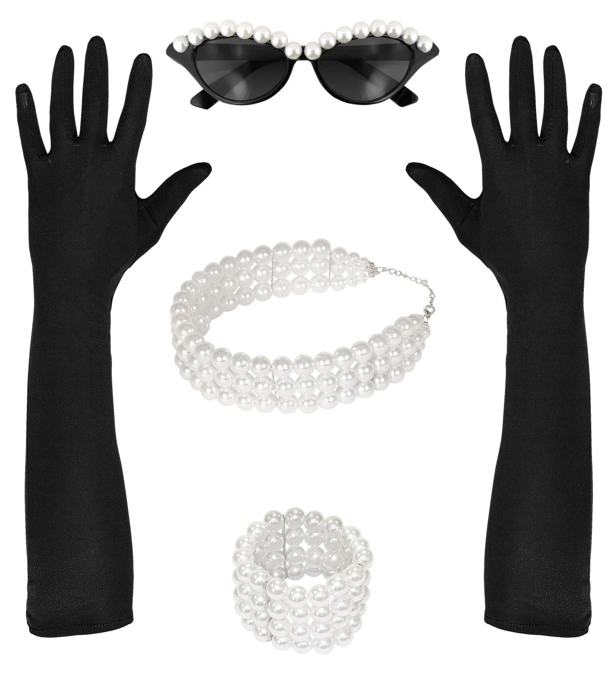 Set Travestimento Colazione da Tiffany 4 Pezzi Occhiali Guanti Girocollo Bracciale Festa Carnevale a Tema Anni '50 - 00119