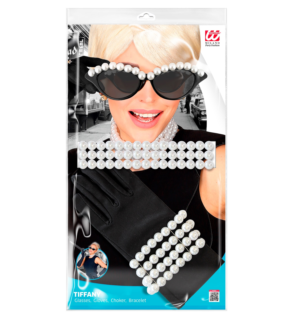 Set Travestimento Colazione da Tiffany 4 Pezzi Occhiali Guanti Girocollo Bracciale Festa Carnevale a Tema Anni '50 - 00119