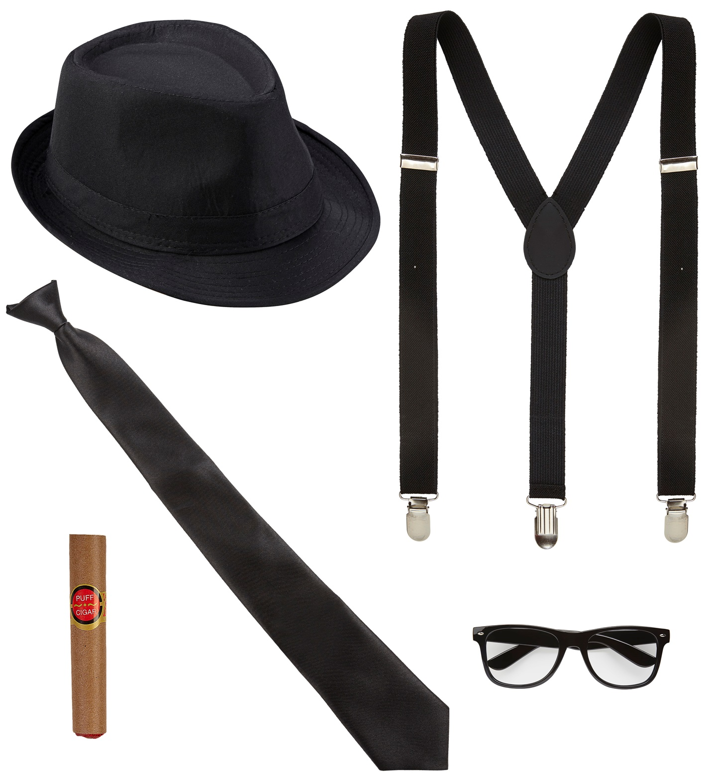 Set Travestimento Re Del Blues Gangster 5 Pezzi Cappello Occhiali Cravatta Bretelle Sigaro Accessori per Festa Carnevale a Tema - 68558