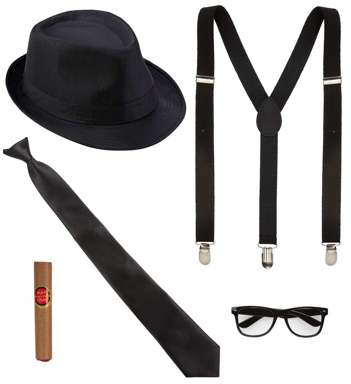 Set Travestimento Re Del Blues Gangster 5 Pezzi Cappello Occhiali Cravatta Bretelle Sigaro Accessori per Festa Carnevale a Tema - 68558