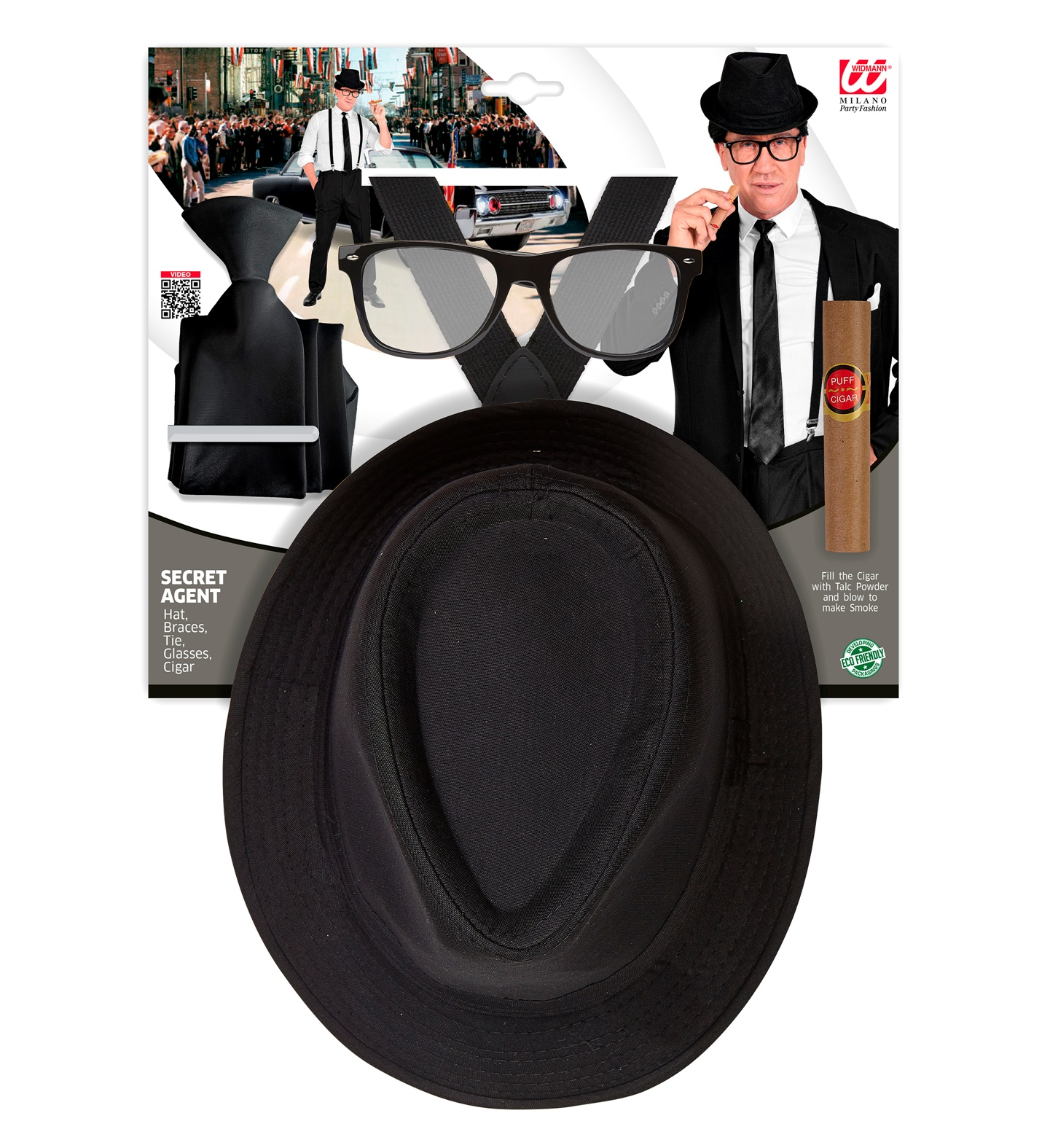 Set Travestimento Re Del Blues Gangster 5 Pezzi Cappello Occhiali Cravatta Bretelle Sigaro Accessori per Festa Carnevale a Tema - 68558