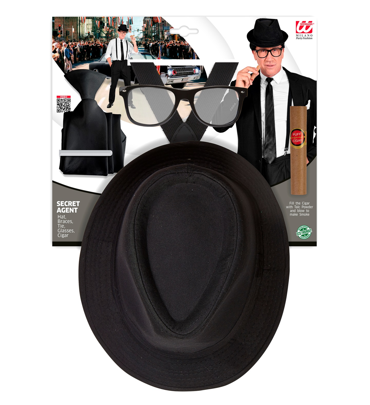 Set Travestimento Re Del Blues Gangster 5 Pezzi Cappello Occhiali Cravatta Bretelle Sigaro Accessori per Festa Carnevale a Tema - 68558
