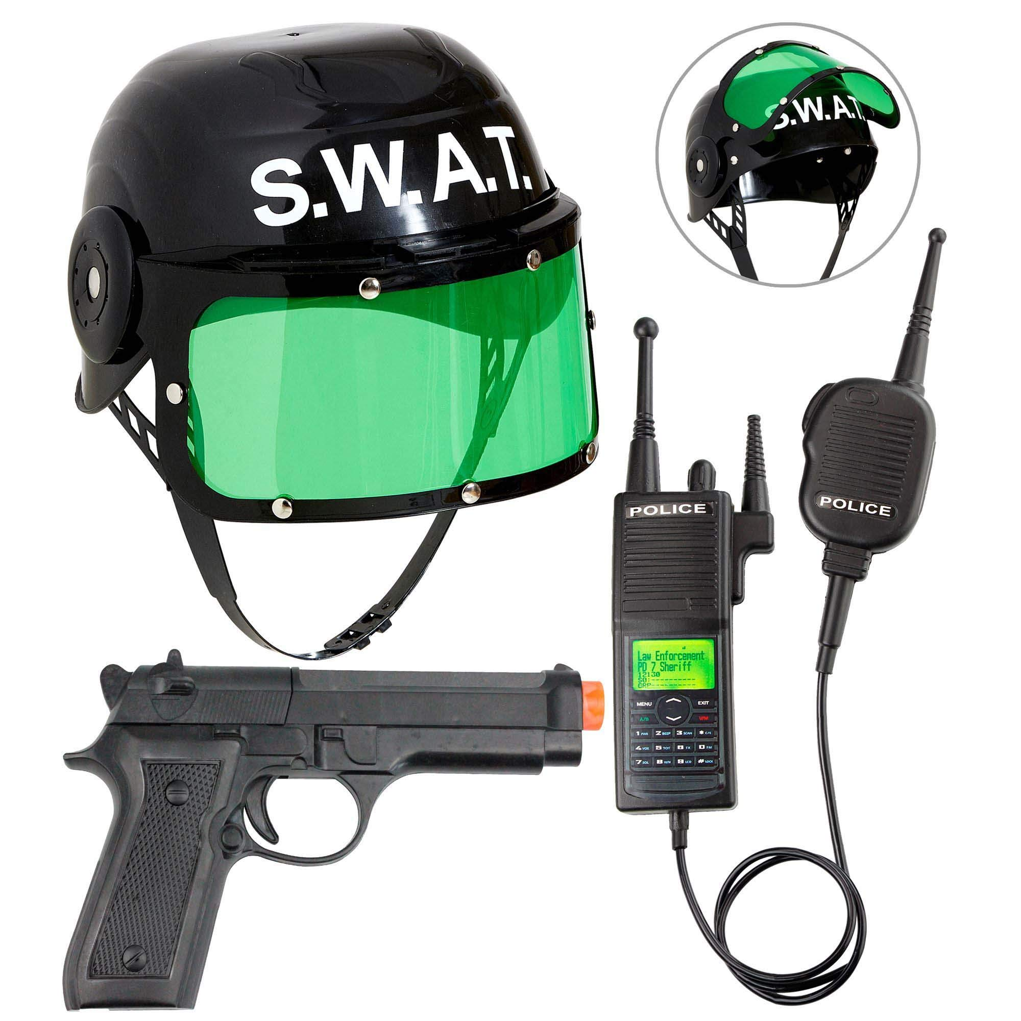 Set Accessori Travestimento Agente S.w.a.t. Elmo Casco con Visiera Pistola Radio - 28225+08159+02437