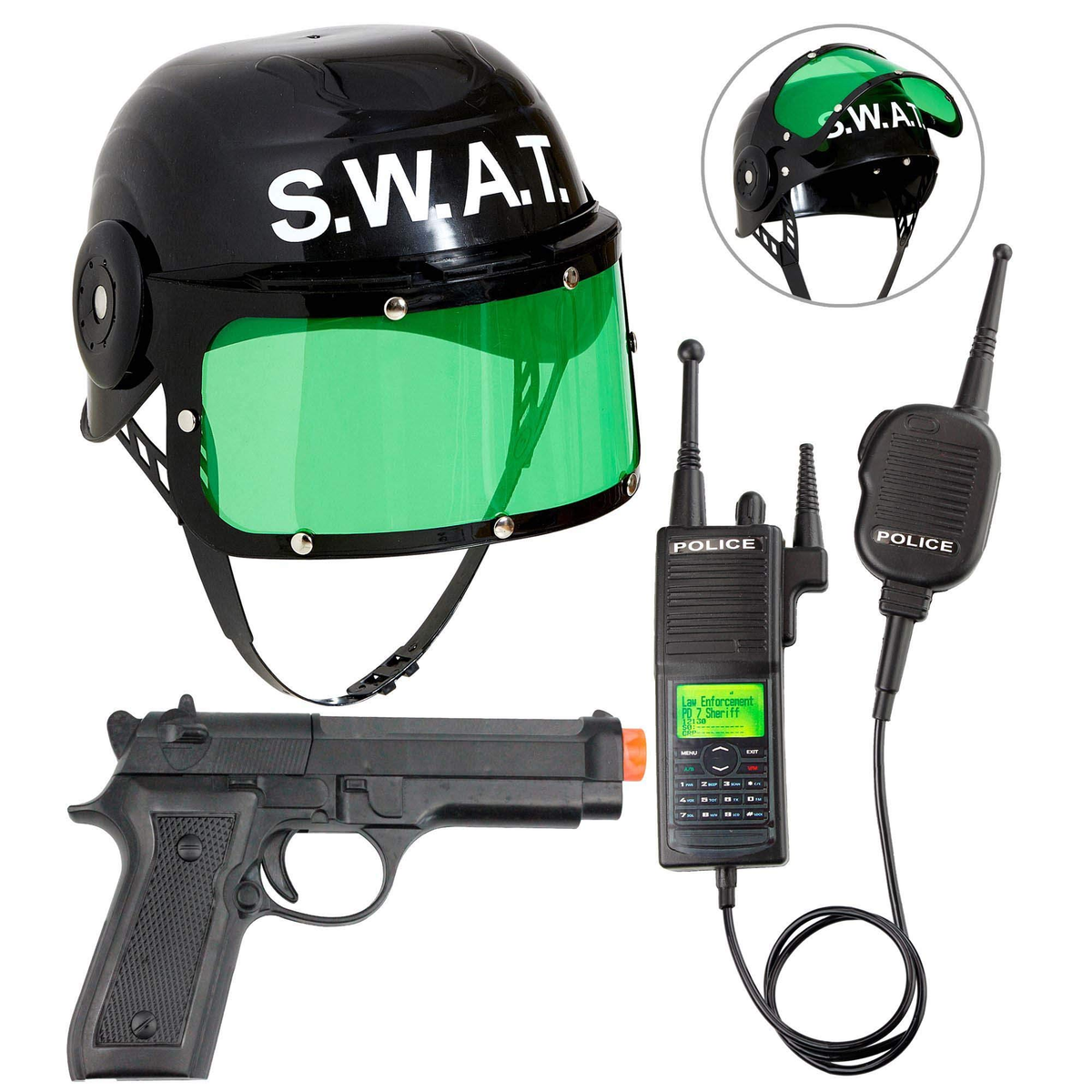 Set Accessori Travestimento Agente S.w.a.t. Elmo Casco con Visiera Pistola Radio - 28225+08159+02437