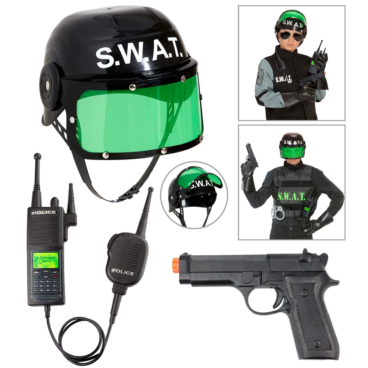Set Accessori Travestimento Agente S.w.a.t. Elmo Casco con Visiera Pistola Radio - 28225+08159+02437