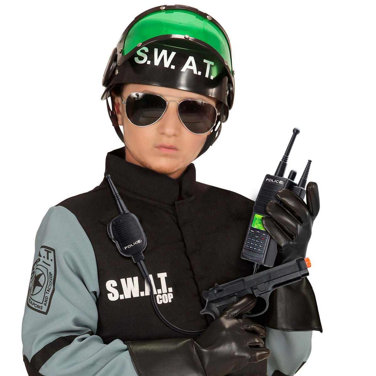 Set Accessori Travestimento Agente S.w.a.t. Elmo Casco con Visiera Pistola Radio - 28225+08159+02437