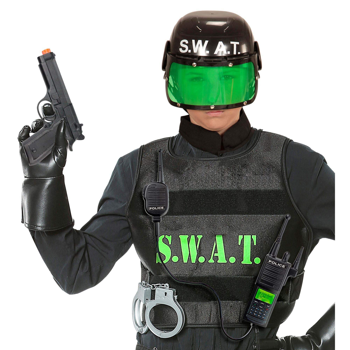 Set Accessori Travestimento Agente S.w.a.t. Elmo Casco con Visiera Pistola Radio - 28225+08159+02437