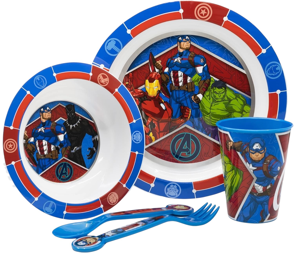 Set Pappa 5 Pezzi Avengers MARVEL Piatti Bicchiere Posate in Plastica Rigida Riutilizzabile in Confezione - 74150