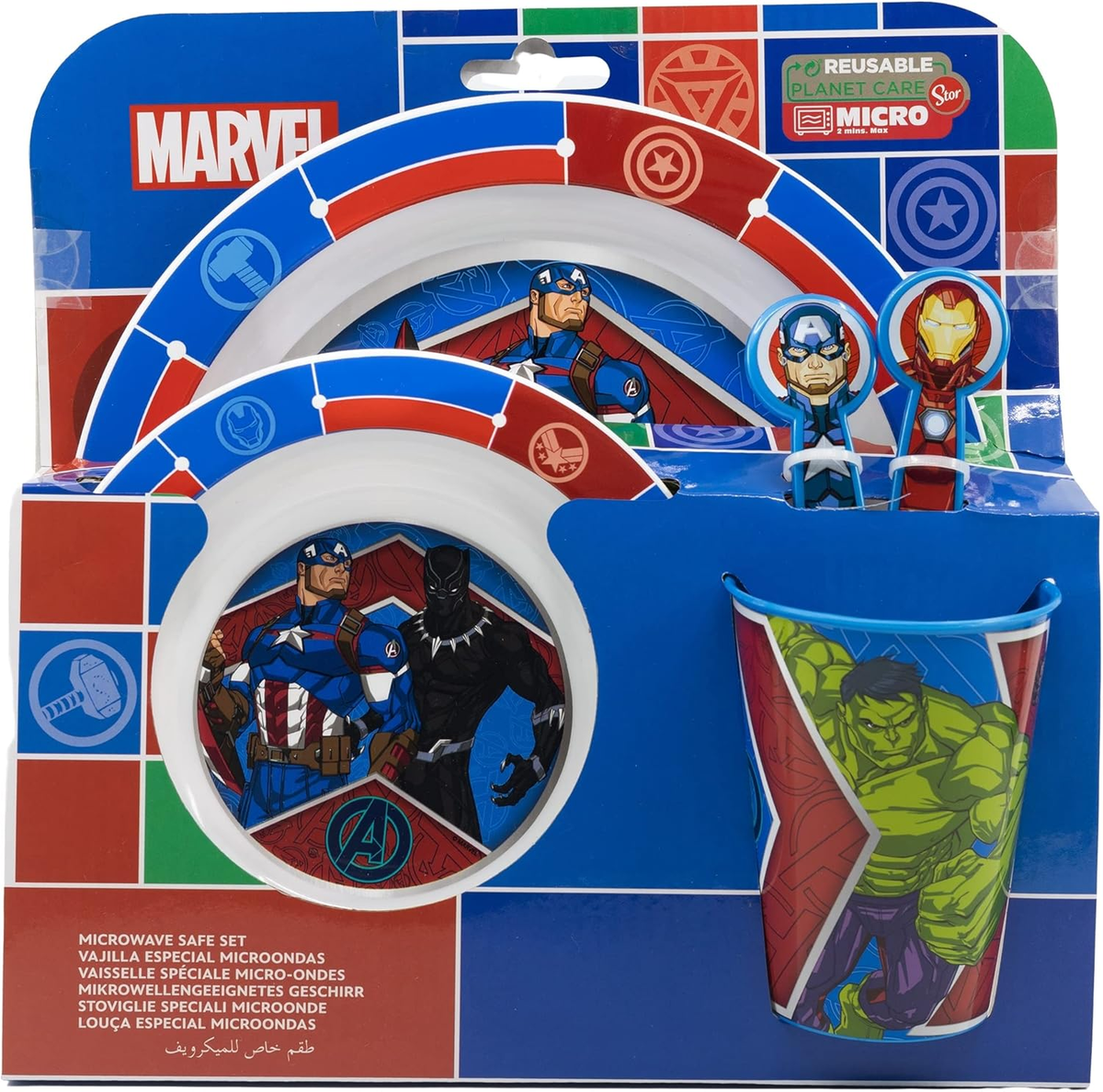 Set Pappa 5 Pezzi Avengers MARVEL Piatti Bicchiere Posate in Plastica Rigida Riutilizzabile in Confezione - 74150