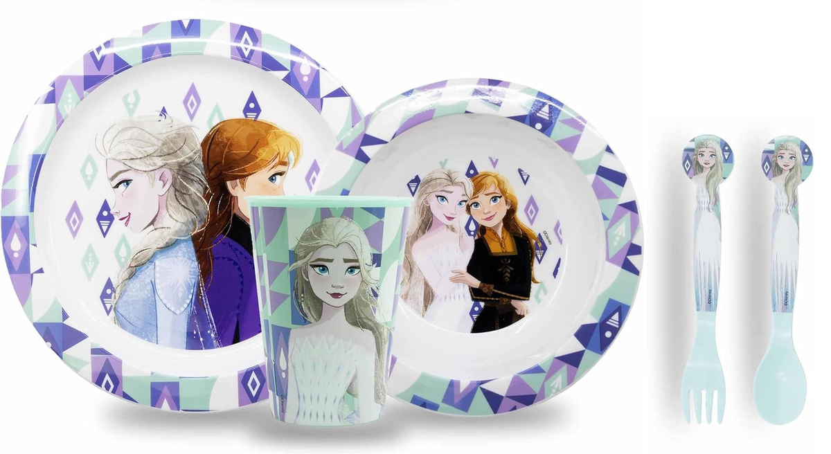Set Pappa 5 Pezzi Frozen DISNEY Piatti Bicchiere Posate in Plastica Rigida Riutilizzabile in Confezione - 74250