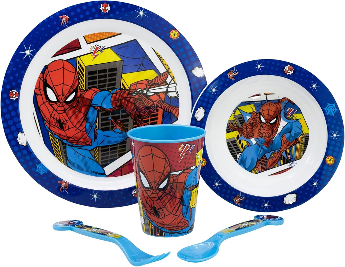Set Pappa 5 Pezzi Spiderman MARVEL Piatti Bicchiere Posate in Plastica Rigida Riutilizzabile in Confezione - 74750