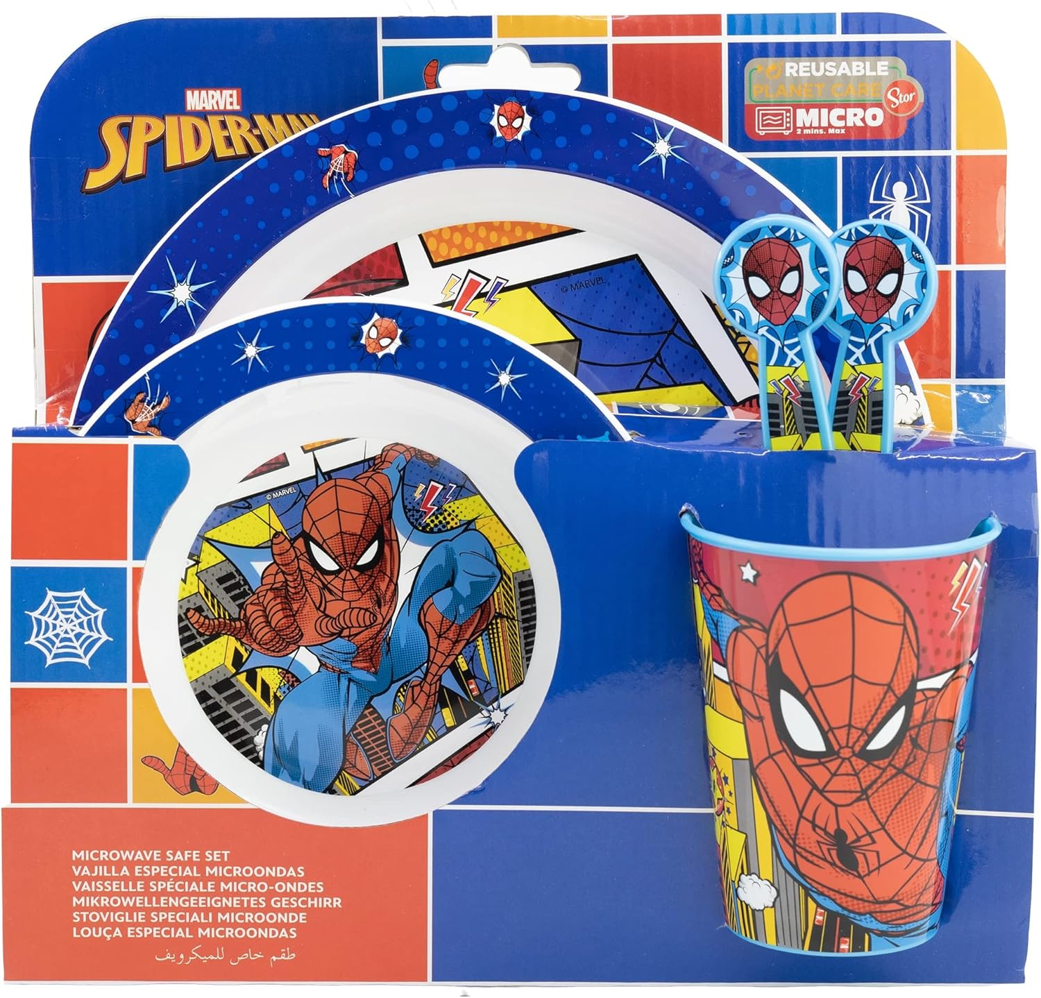 Set Pappa 5 Pezzi Spiderman MARVEL Piatti Bicchiere Posate in Plastica Rigida Riutilizzabile in Confezione - 74750