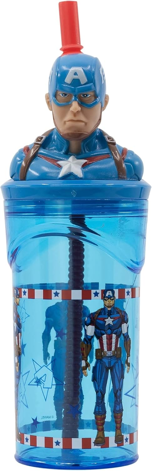 Bicchiere con Cannuccia Capitan America MARVEL Personaggio 3d Bpa Free 360 Ml - 74866