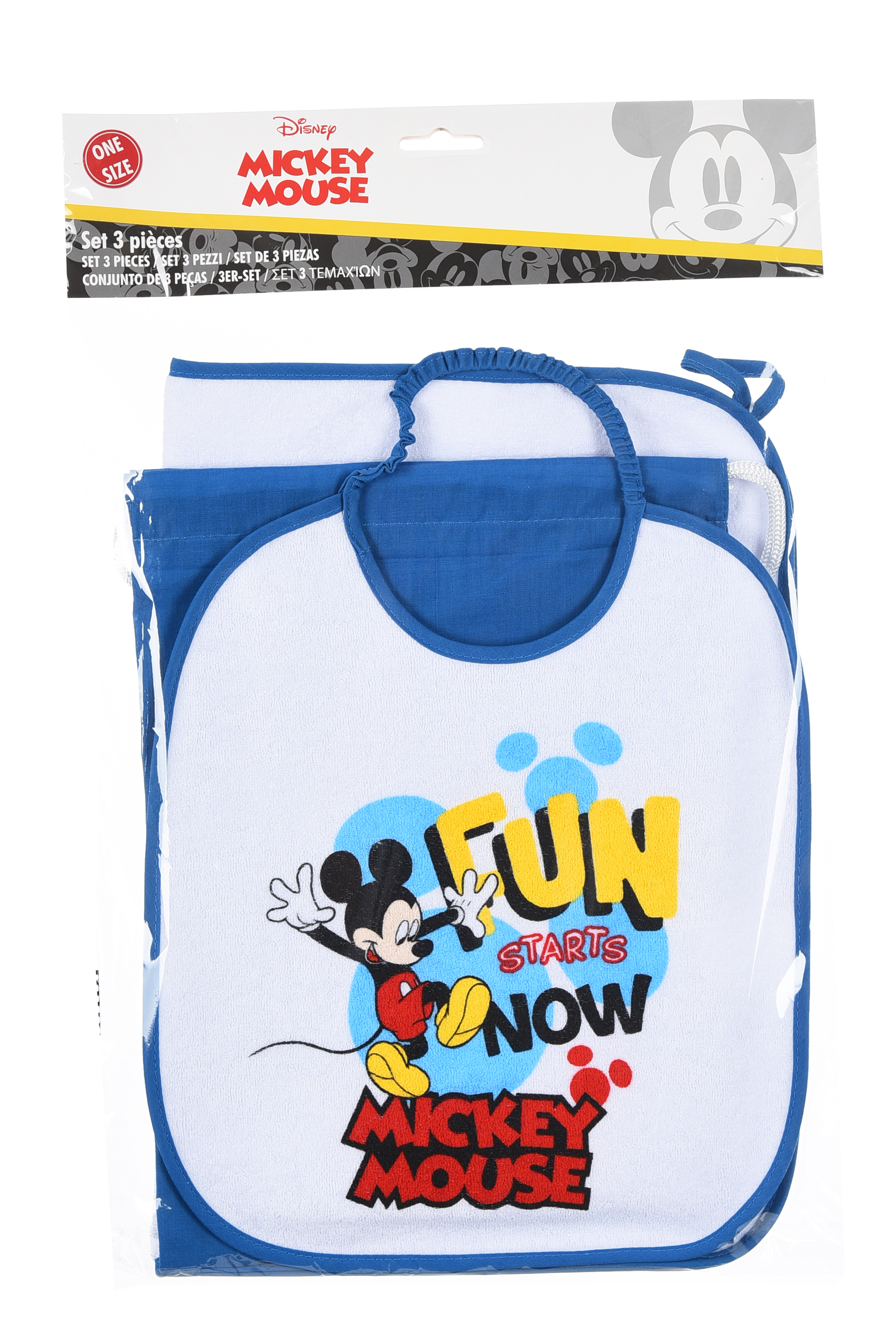 Set Asilo 3 Pezzi Topolino DISNEY Bavetta con Elastico Tovaglietta Sacca - Ye09012