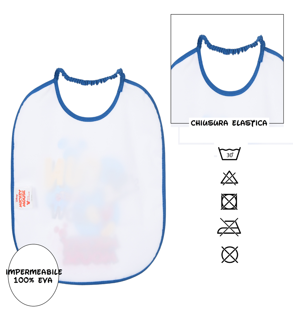 Set Asilo 3 Pezzi Topolino DISNEY Bavetta con Elastico Tovaglietta Sacca - Ye09012