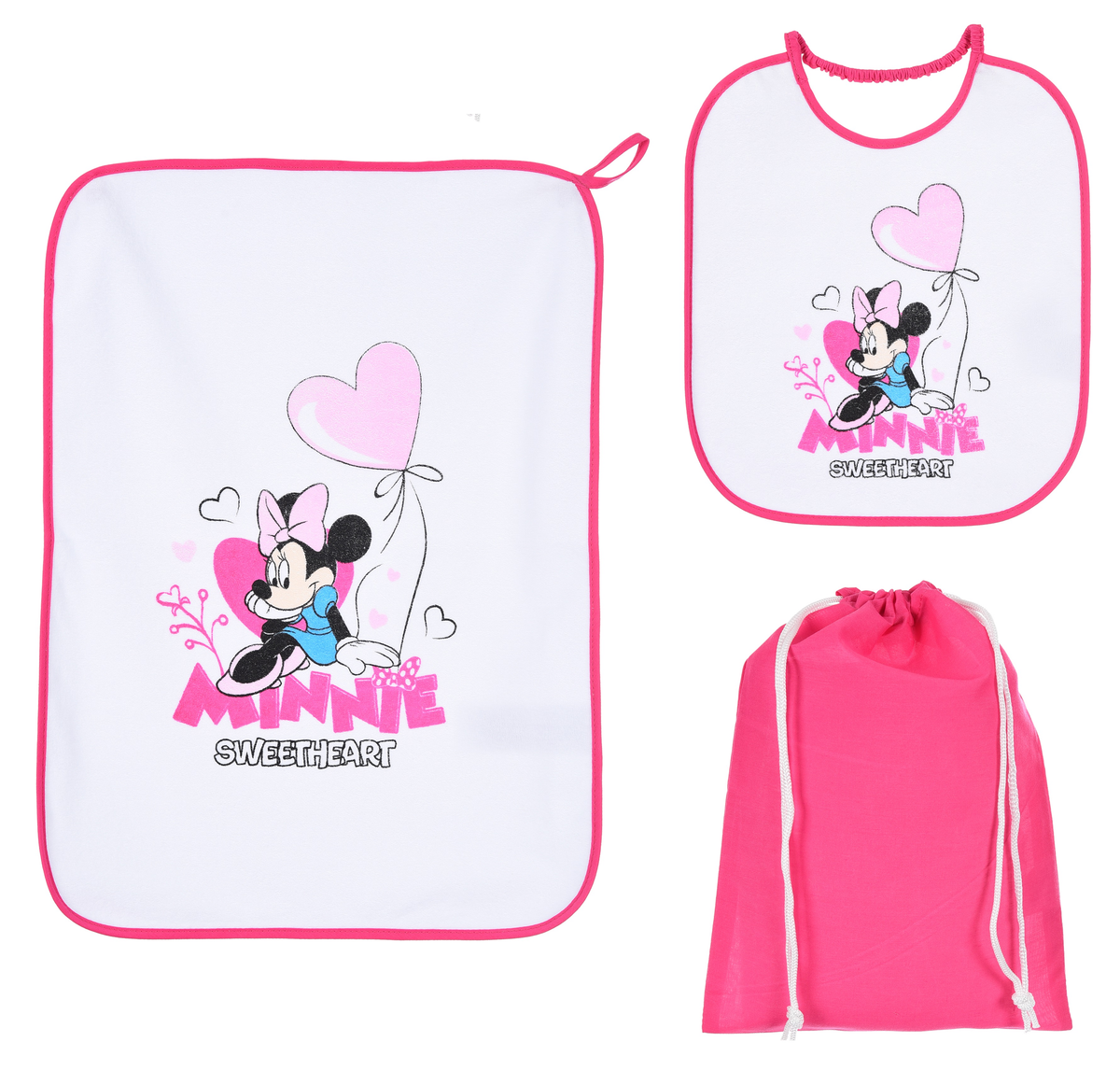 Set Asilo 3 Pezzi Minnie DISNEY Bavetta con Elastico Tovaglietta Sacca - Ye09013