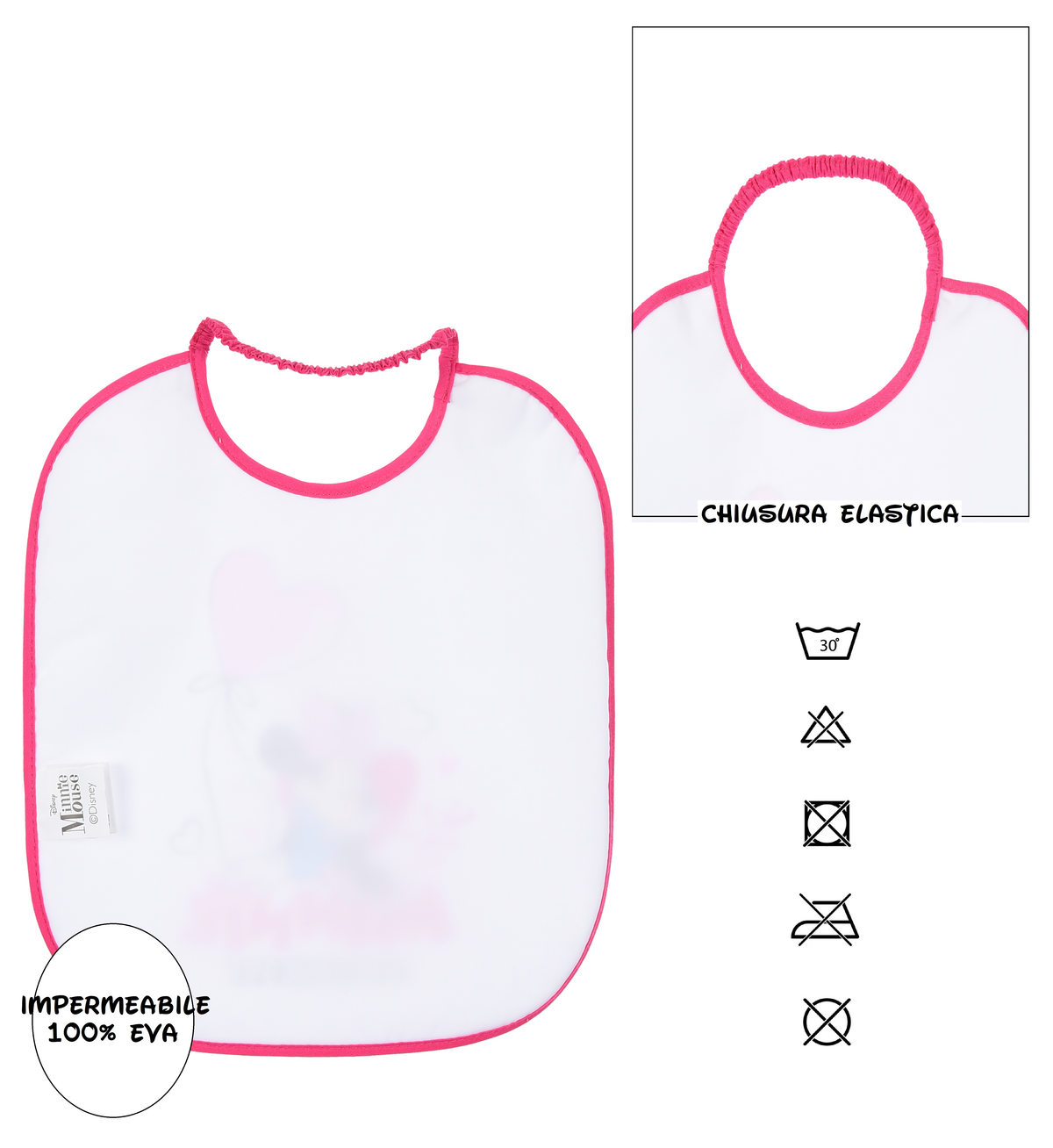 Set Asilo 3 Pezzi Minnie DISNEY Bavetta con Elastico Tovaglietta Sacca - Ye09013
