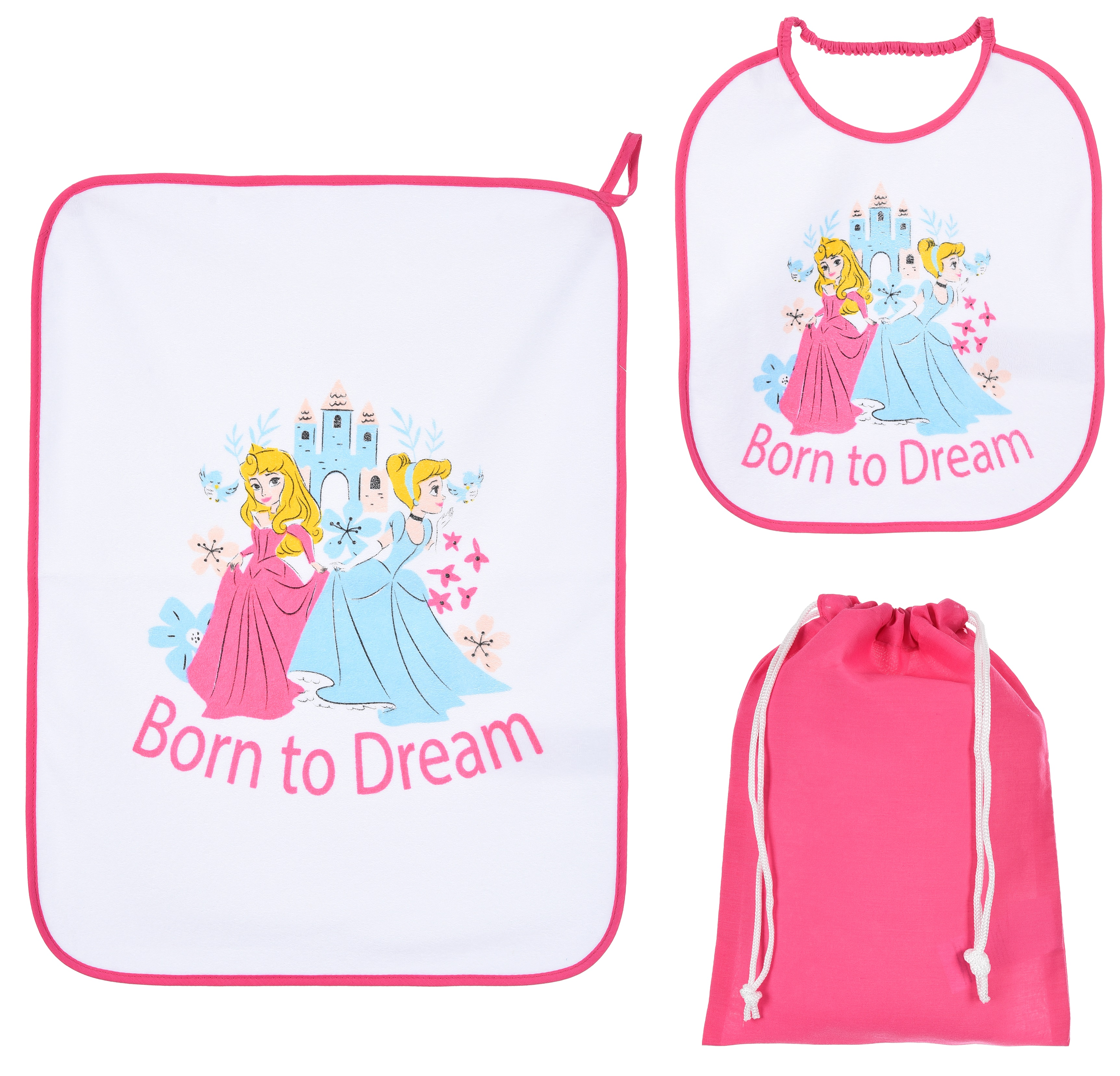 Set Asilo 3 Pezzi Principesse DISNEY Bavetta con Elastico Tovaglietta Sacca - Ye09015