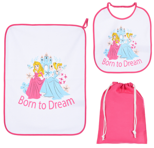Set Asilo 3 Pezzi Principesse DISNEY Bavetta con Elastico Tovaglietta Sacca - Ye09015
