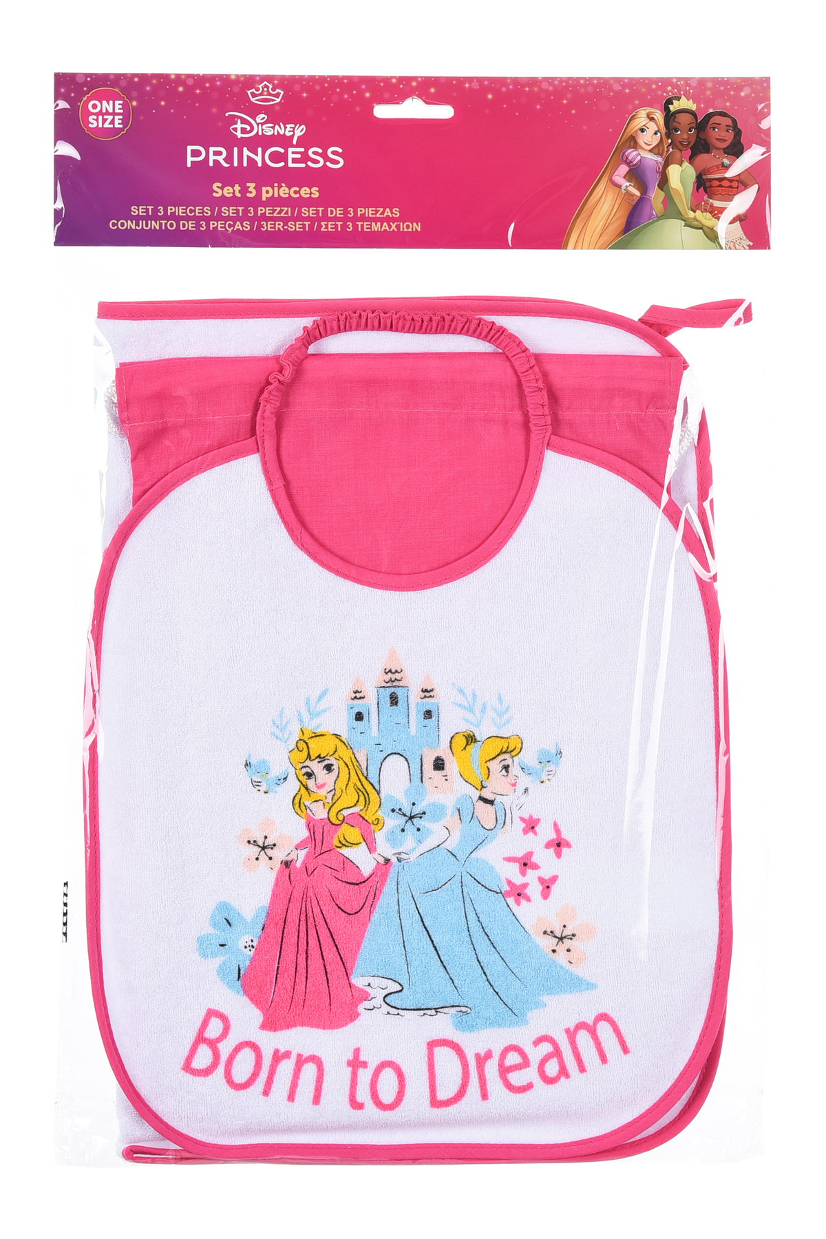Set Asilo 3 Pezzi Principesse DISNEY Bavetta con Elastico Tovaglietta Sacca - Ye09015