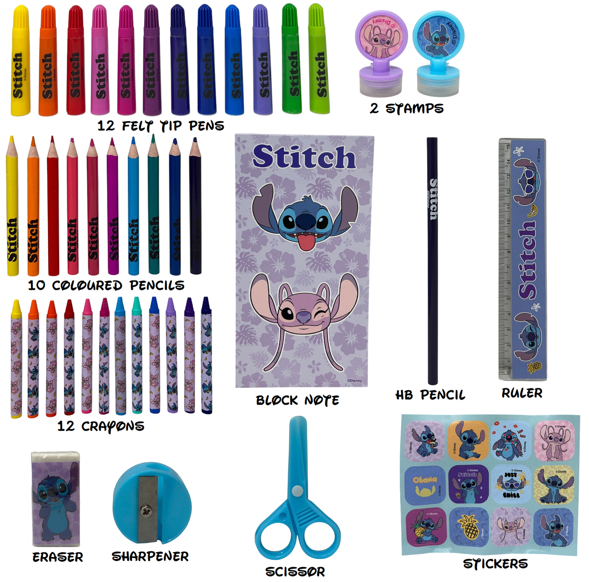 Valigetta 55 Pezzi Stitch DISNEY Scatola Colori Cancelleria Stickers per Bambini - 1236