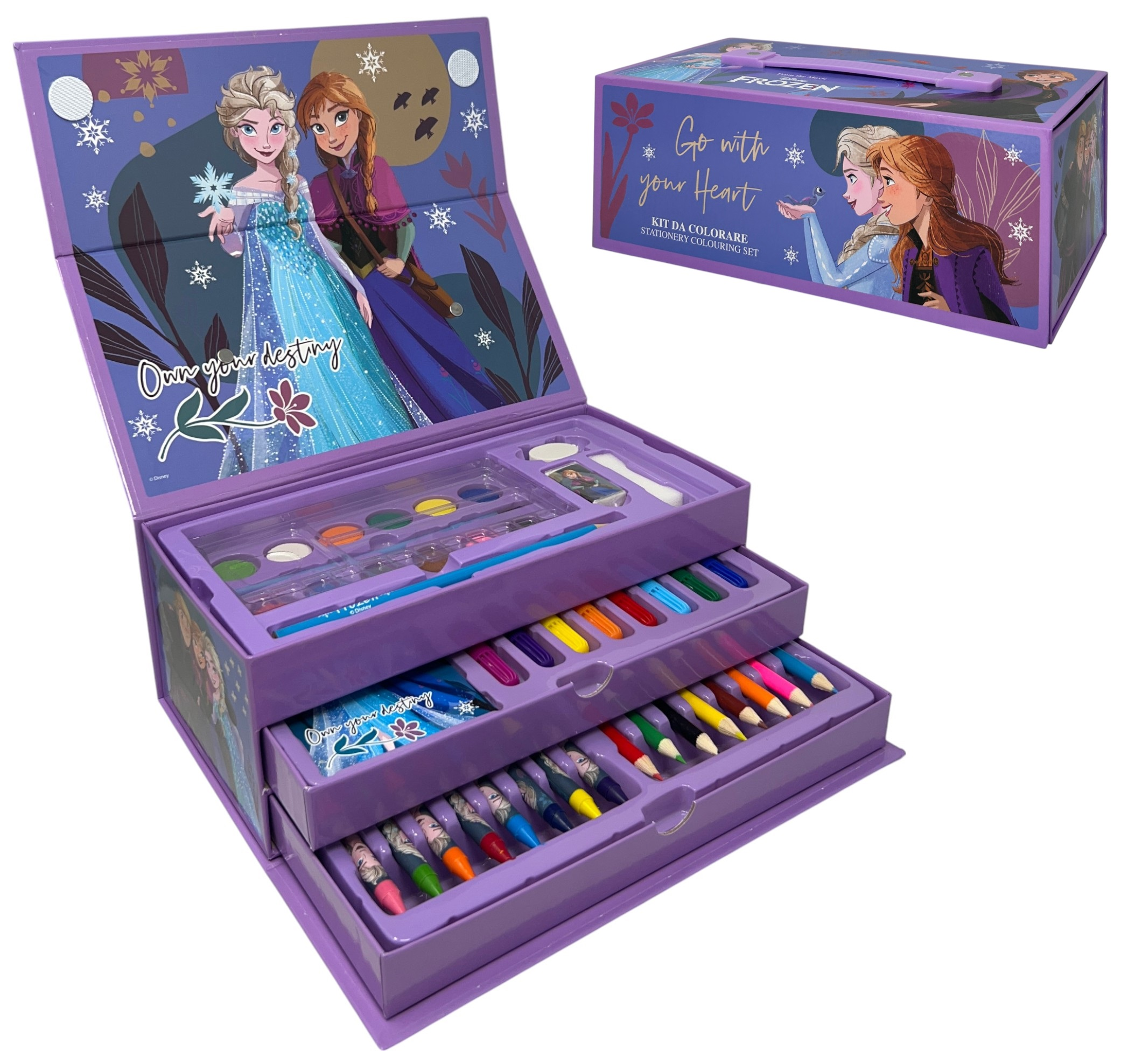 Colori Frozen DISNEY Pennarelli Acquerelli e Pastelli Scatola 52 Pezzi con Cassetti - 0830