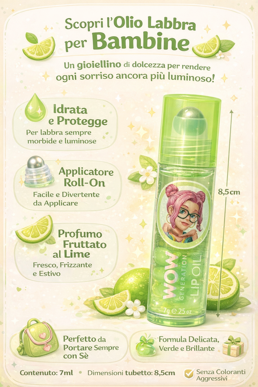 Olio Labbra in Flacone 7 Ml Gloss Labbra per Bambine Profumato Lime - Wow00100