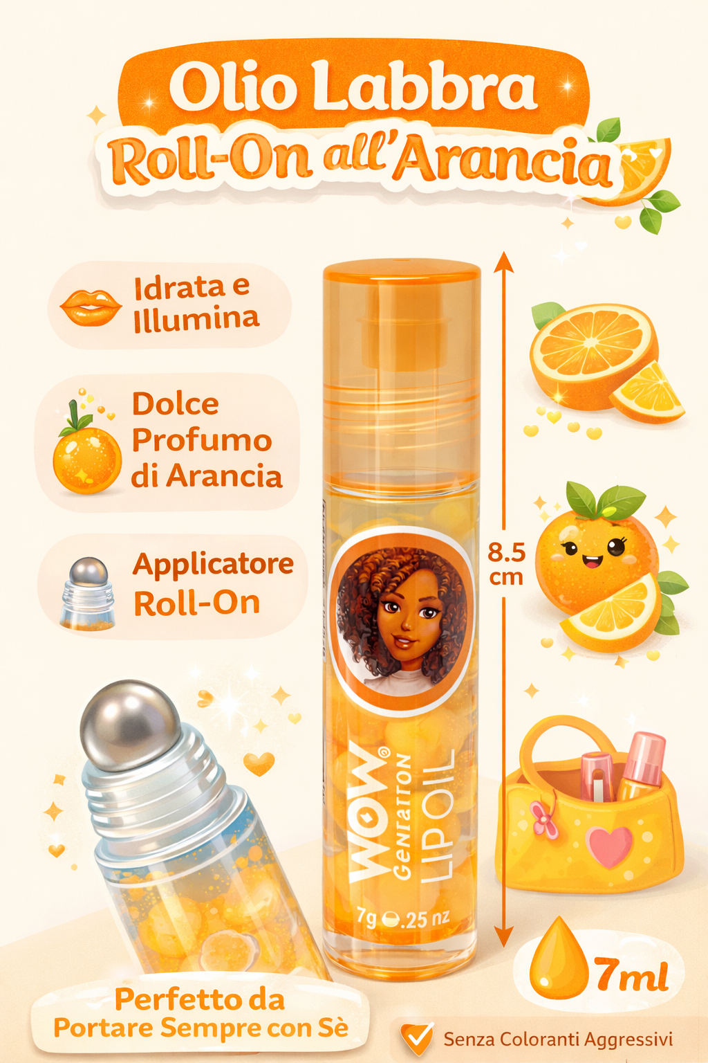 Olio Labbra in Flacone 7 Ml Gloss Labbra per Bambine Profumato Arancia - Wow00100