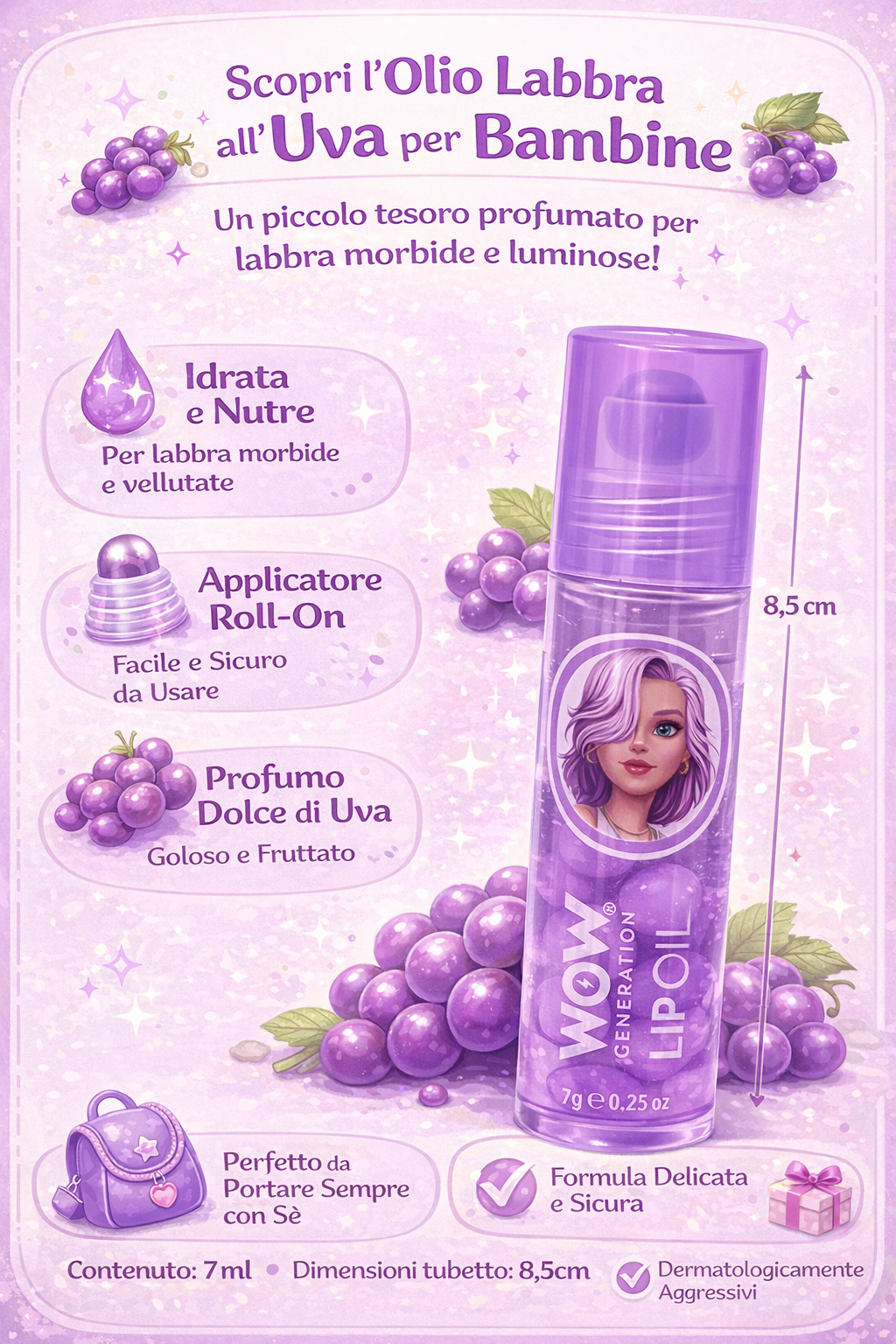 Olio Labbra in Flacone 7 Ml Gloss Labbra per Bambine Profumato Uva - Wow00100