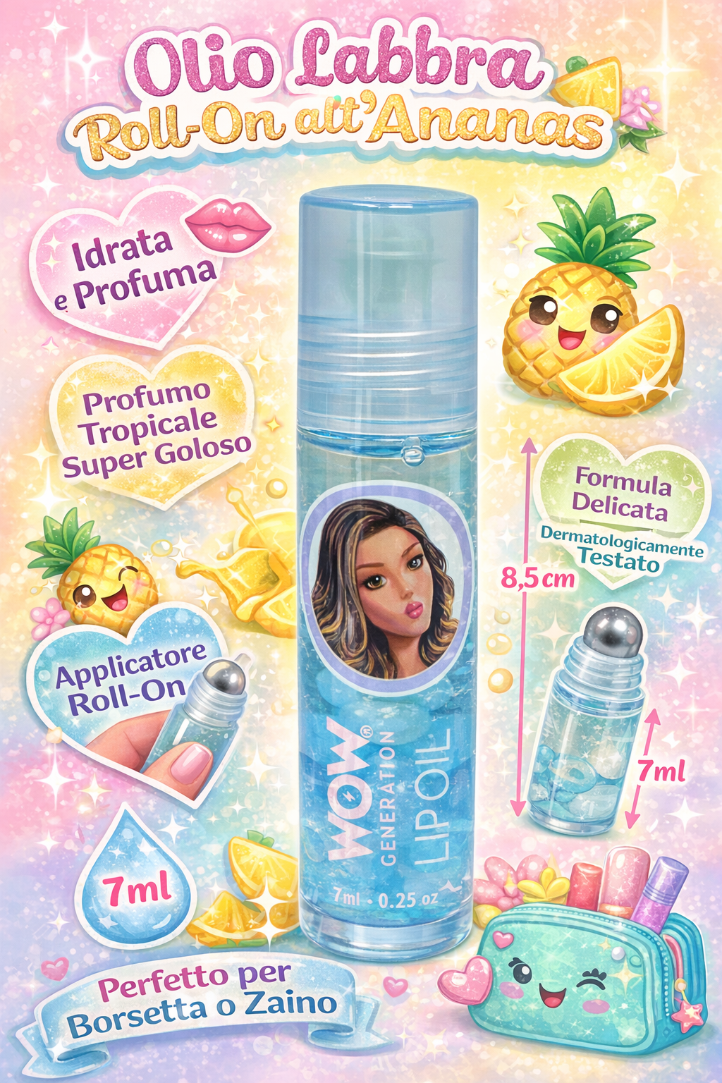 Olio Labbra in Flacone 7 Ml Gloss Labbra per Bambine Profumato Ananas - Wow00100