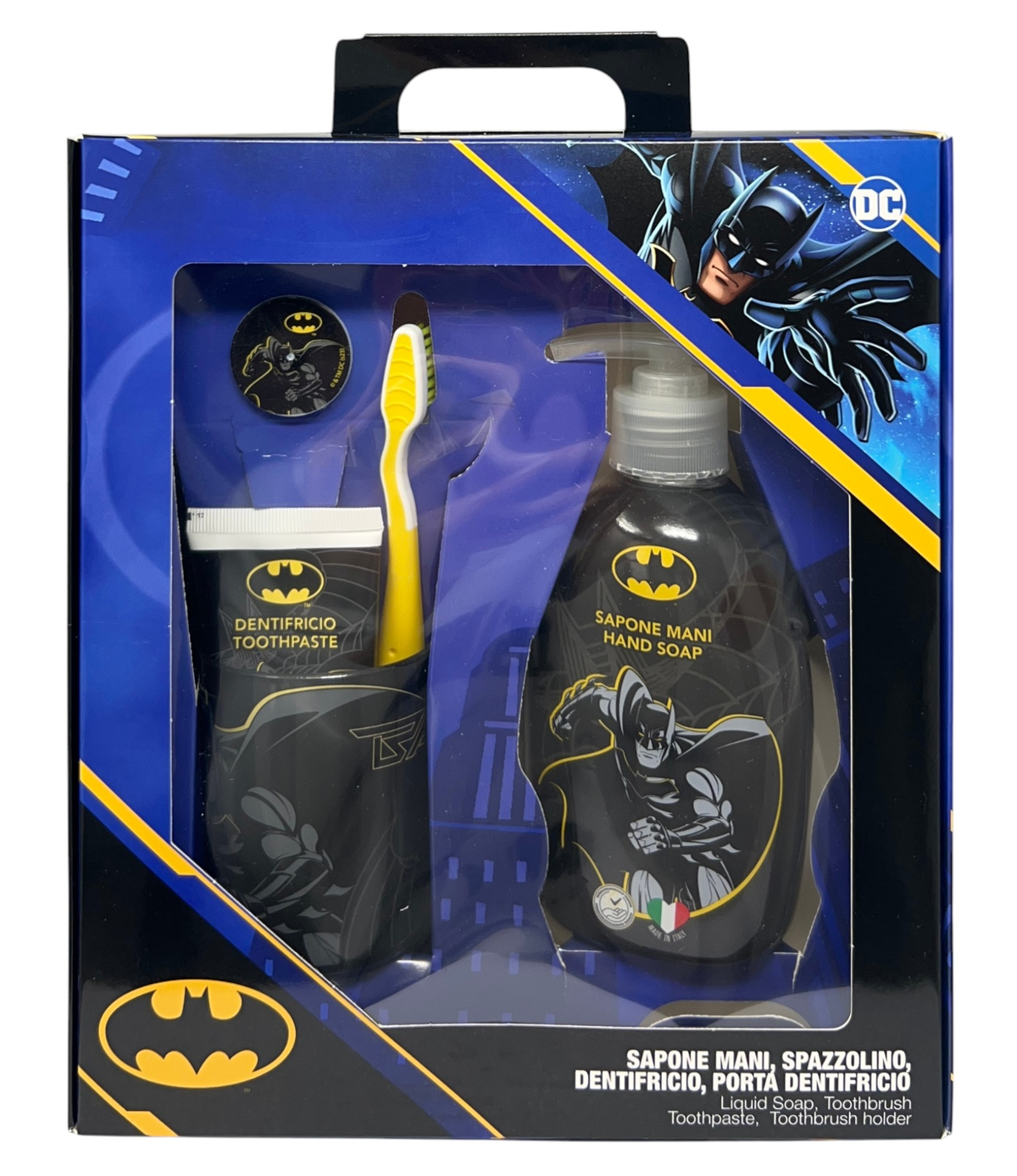 Set Cura Igiene Personale Batman 4 Pezzi Sapone Mani Dentifricio Spazzolino Bicchiere - L08687mc
