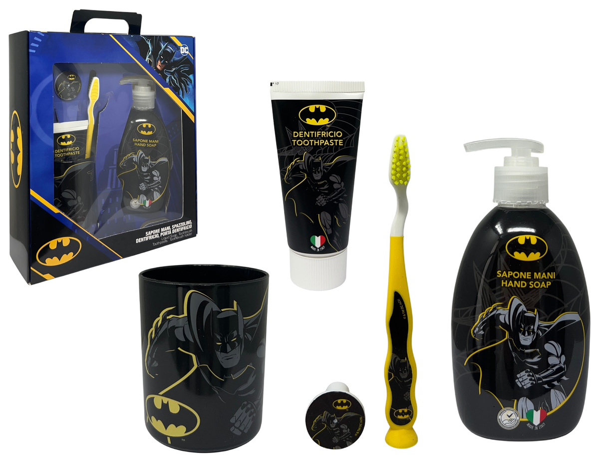 Set Cura Igiene Personale Batman 4 Pezzi Sapone Mani Dentifricio Spazzolino Bicchiere - L08687mc