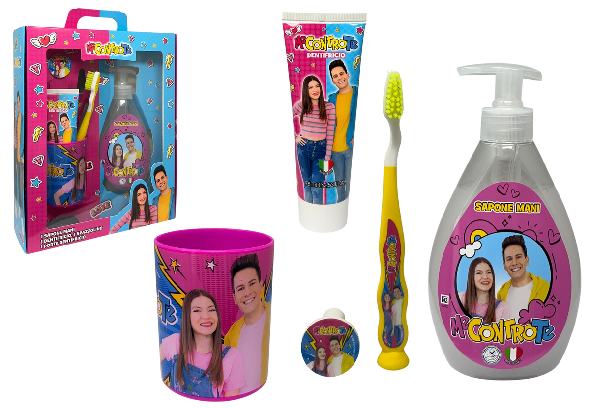 Set Cura Igiene Personale Me Contro Te 4 Pezzi Sapone Mani Dentifricio Spazzolino Bicchiere - J05596mc