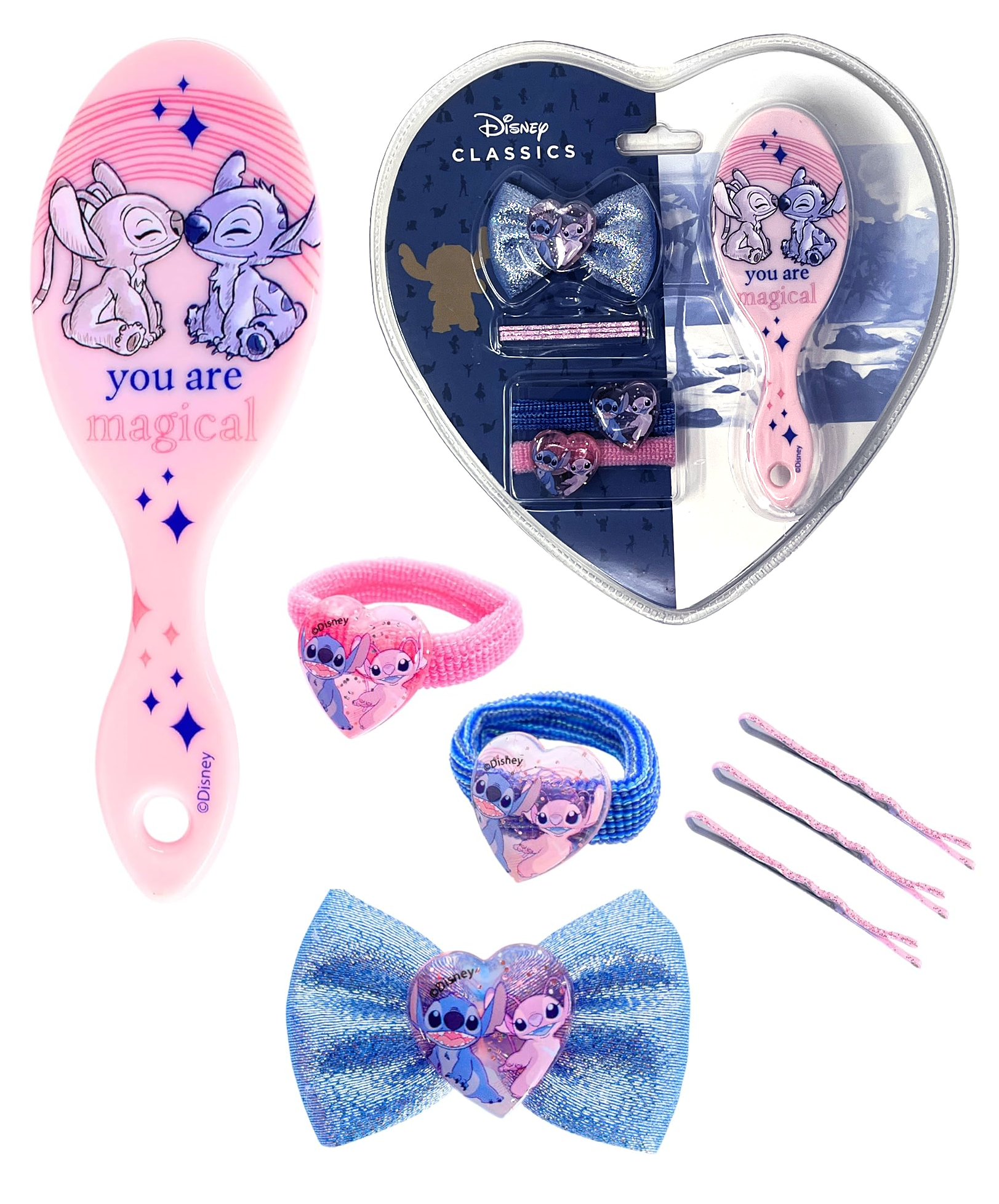 Set Accessori per Capelli Stitch DISNEY 7 Pezzi Mini Spazzola Forcine Elastici Fermaglio - D06576mc