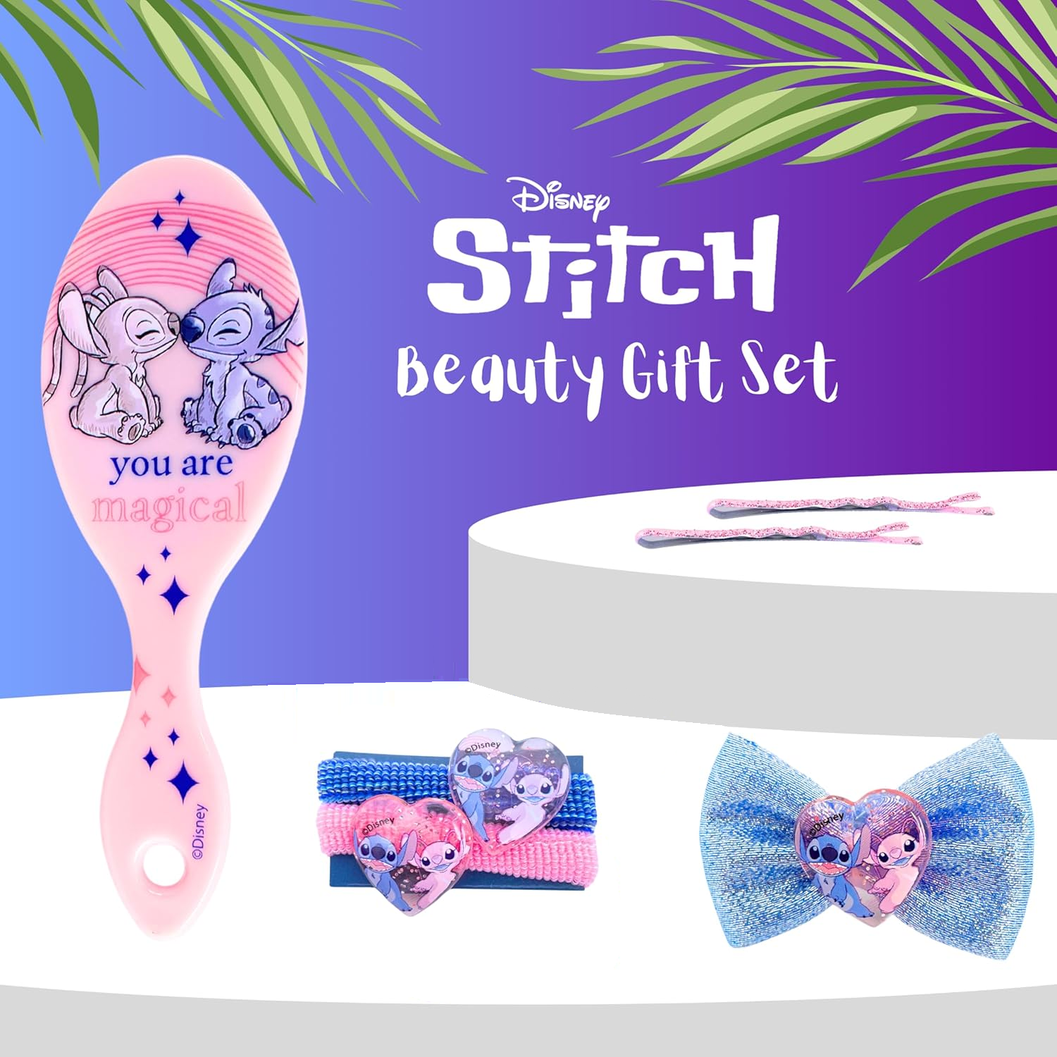 Set Accessori per Capelli Stitch DISNEY 7 Pezzi Mini Spazzola Forcine Elastici Fermaglio - D06576mc