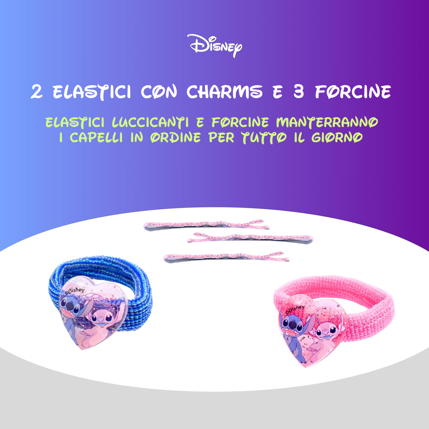 Set Accessori per Capelli Stitch DISNEY 7 Pezzi Mini Spazzola Forcine Elastici Fermaglio - D06576mc