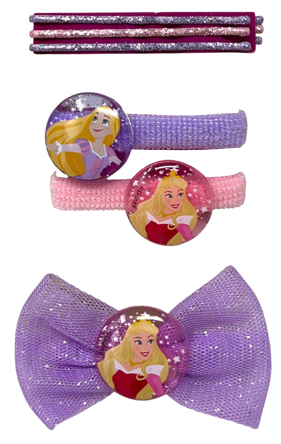 Set Accessori per Capelli Principesse DISNEY 7 Pezzi Mini Spazzola Forcine Elastici Fermaglio - D06566mc