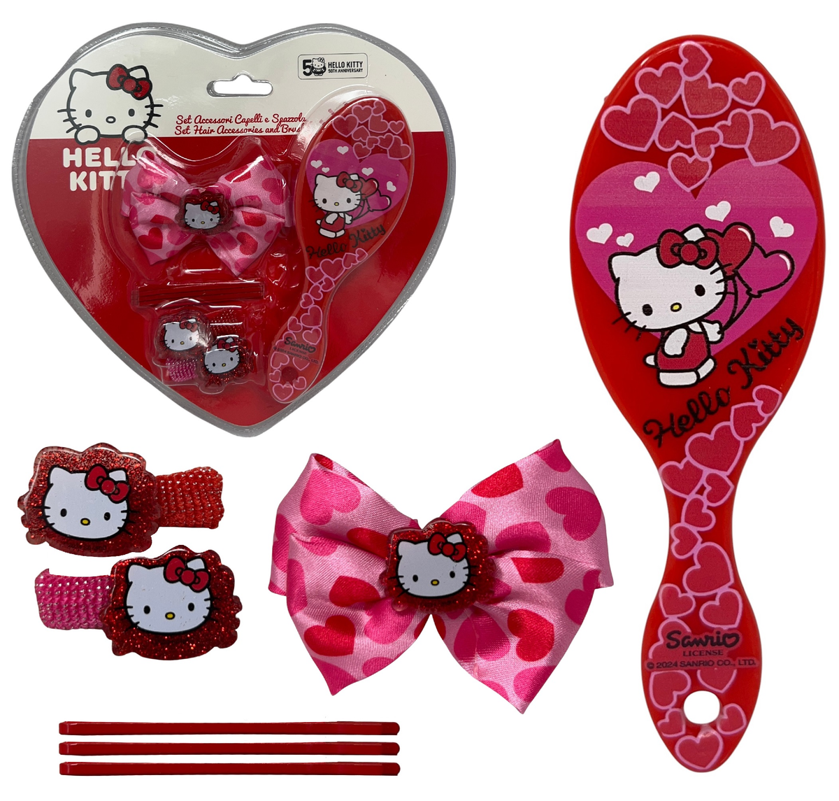 Set Accessori per Capelli Hello Kitty 7 Pezzi Mini Spazzola Forcine Elastici Fermaglio - H09331mc
