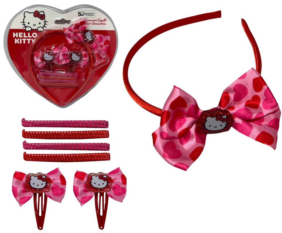 Set Accessori per Capelli Hello Kitty 7 Pezzi Cerchietto Clic Clac Elastici - H0993mc