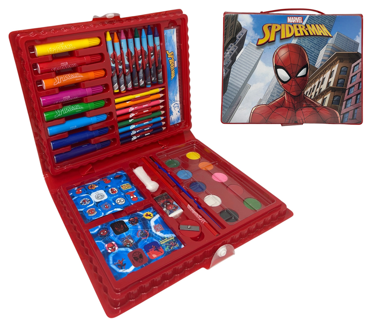 Valigetta 65 Pezzi Spiderman MARVEL Scatola Colori Cancelleria Stickers per Bambini - 8224