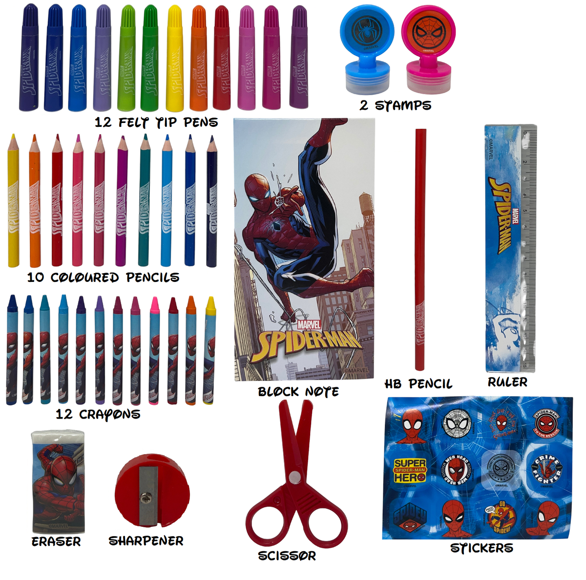 Valigetta 55 Pezzi Spiderman MARVEL Scatola Colori Cancelleria Stickers per Bambini - 1847